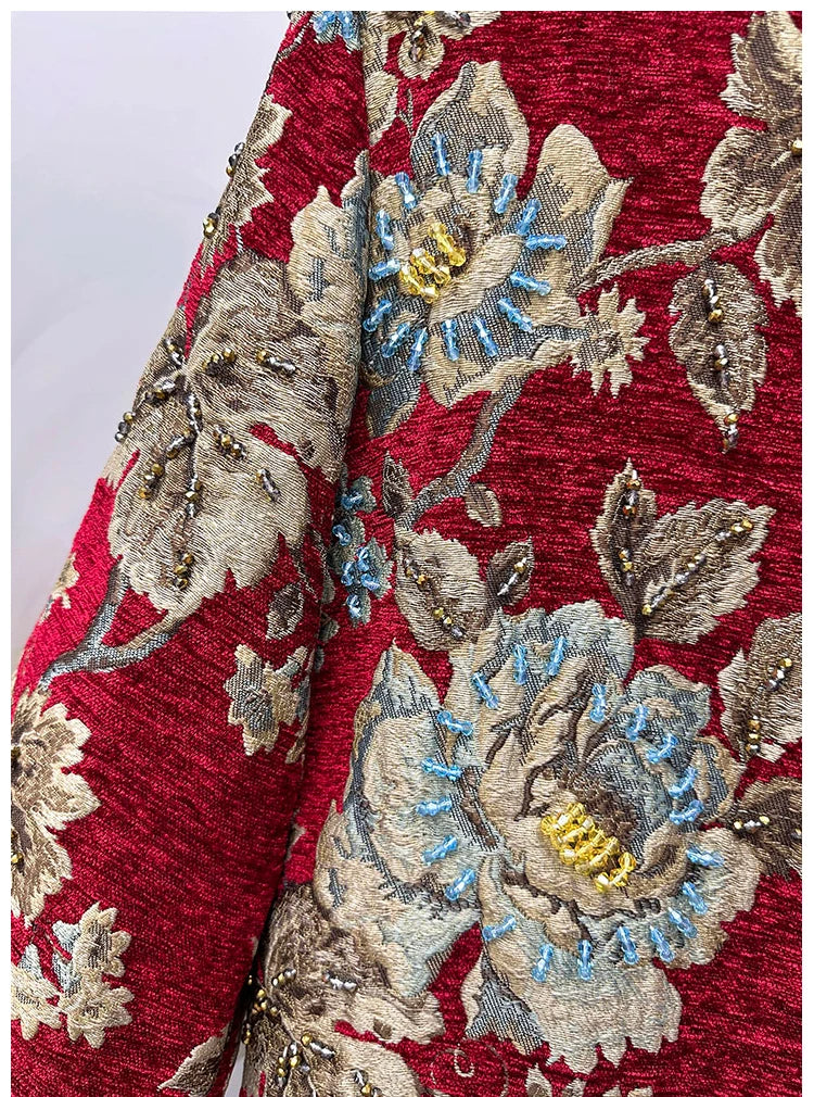 Autumn Winter New Women's Velvet Beaded Round Neck 3/4 Sleeve Burgundy Mid-Length Coat Chenille Texture Luxury Jacket