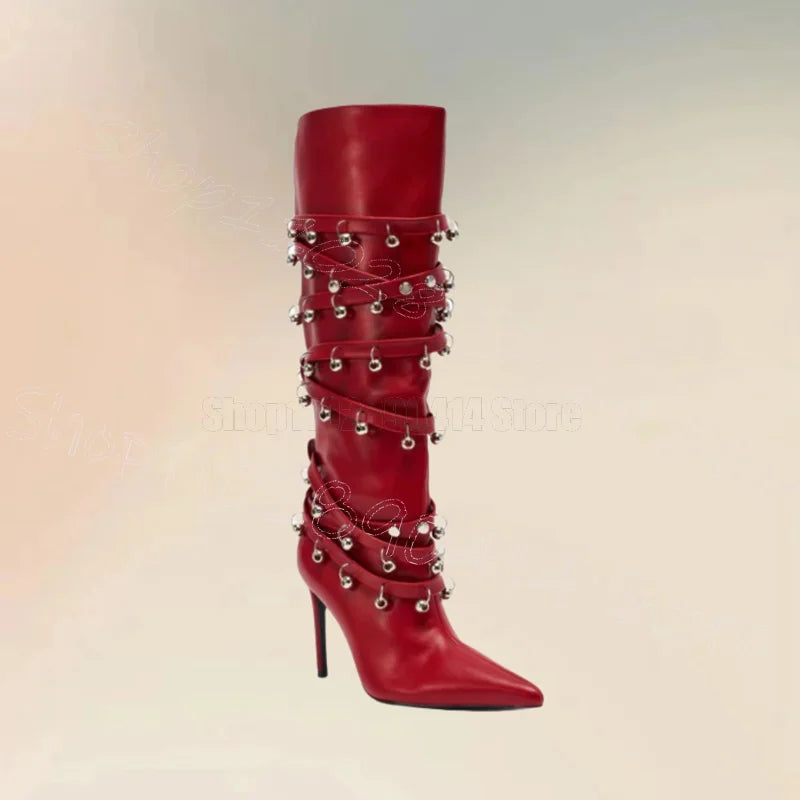 Metal Circle Rivets Red Pointed Toe Boots Side Zipper Women Shoes Thin High Heels Fashion Party Dating 2026 Zapatos Para...