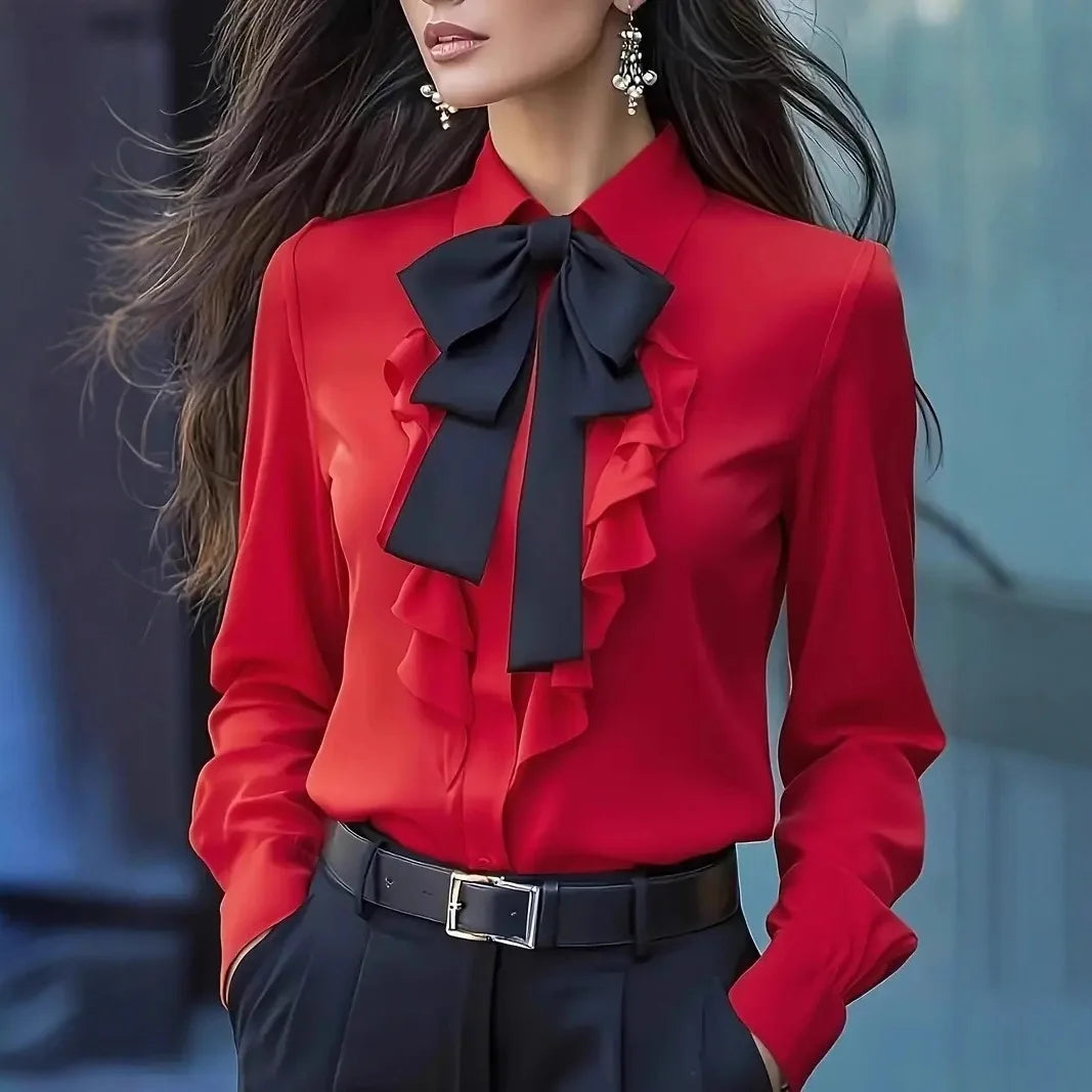 New Autumn Solid Color Lace-up Bow Ruffle Design Shirt For Women Vintage Long Sleeve Blouse White Shirt Autumn Female...