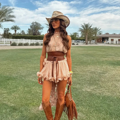 Sexy Ruffles Hem Top Skirt Sets Two Pieces Vintage Sweet Sleeveless Lace Up Crop Tops Low Waist Skirt Summer Lady Clothes Sets