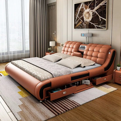 Modern Luxury Bedroom Furniture Smart Electric Massage Up-holstered Beds king Size Double Bed Gas Lift Frame with Storage Design
