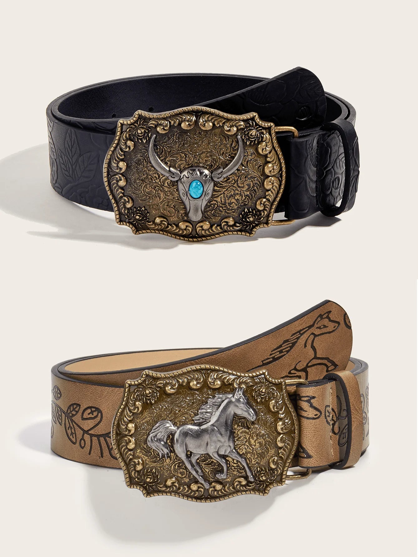 Two pieces of western style Niu Touma buckle embossed belt