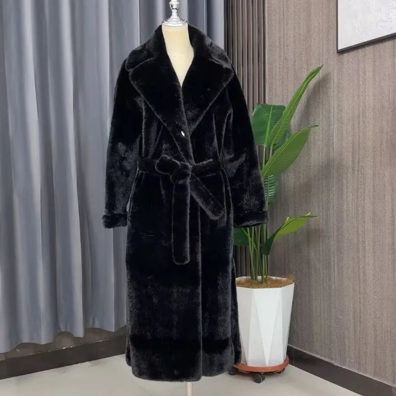 Tuularose Faux Fur Long Coat Women's Lace-up Thickened Long Fur Coat Jacket 2025 Winter Fluffy Plush Warm Lapel Vintage...