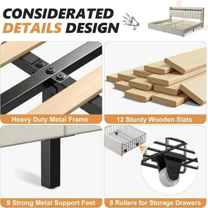 King Size Bed Frame with Storage and Headboard, Upholstered Kings Beds Frames with Storage, King Bed Frame with 2 Drawers