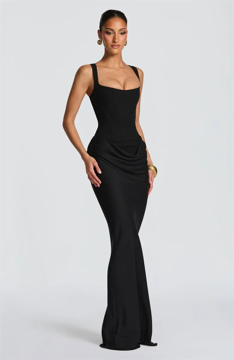 Mozision Elegant Backless Sexy Maxi Dress Women Gown Fashion Square Collar Sleeveless Skinny Ruched Club Party Long...