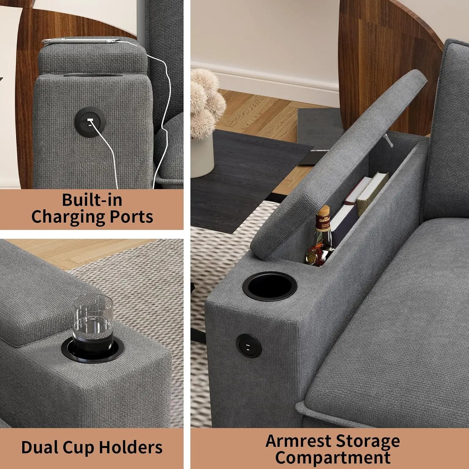 U-Shaped Sectional Sofa Ottoman Storage Armrest USB Ports Spring Cushion Solid Wood Chenille Living Room 115", Customized - Kimlud