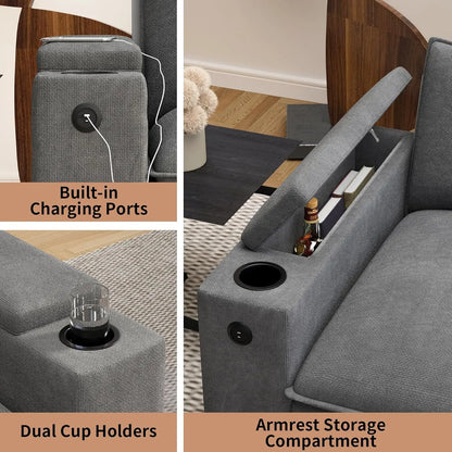 U-Shaped Sectional Sofa Ottoman Storage Armrest USB Ports Spring Cushion Solid Wood Chenille Living Room 115", Customized - Kimlud