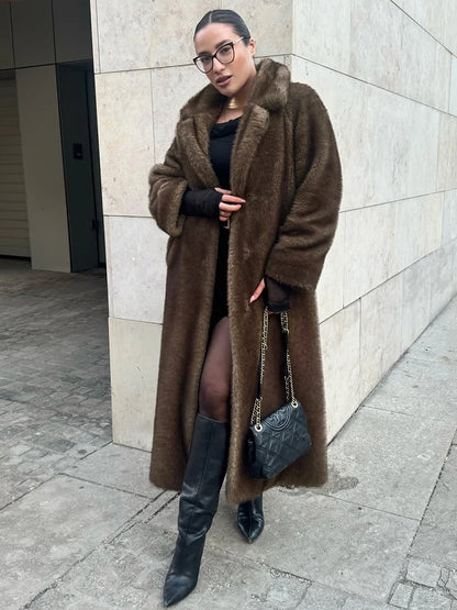 Tuularose Faux Fur Long Coat Women's Lace-up Thickened Long Fur Coat Jacket 2025 Winter Fluffy Plush Warm Lapel Vintage...