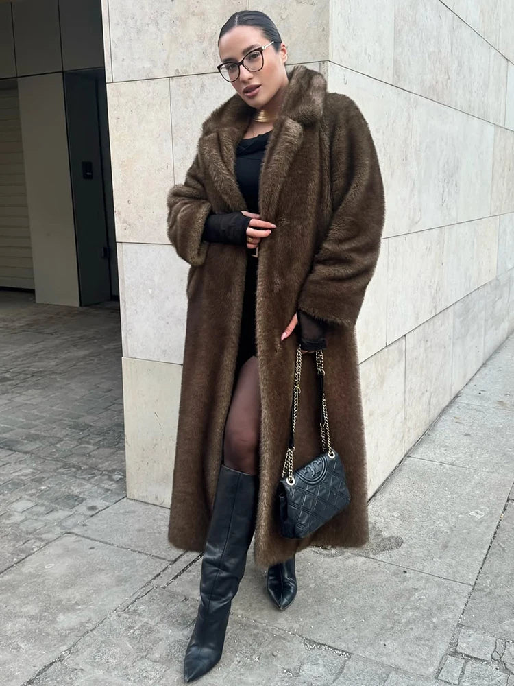 Tuularose Faux Fur Long Coat Women's Lace-up Thickened Long Fur Coat Jacket 2025 Winter Fluffy Plush Warm Lapel Vintage...
