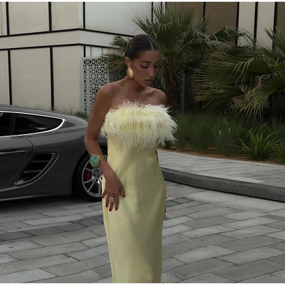 Women's Feather Strapless Dress Fashionable Sleeveless Backless Satin High Waisted Dresses 2026 Party Banquet Women's Gown