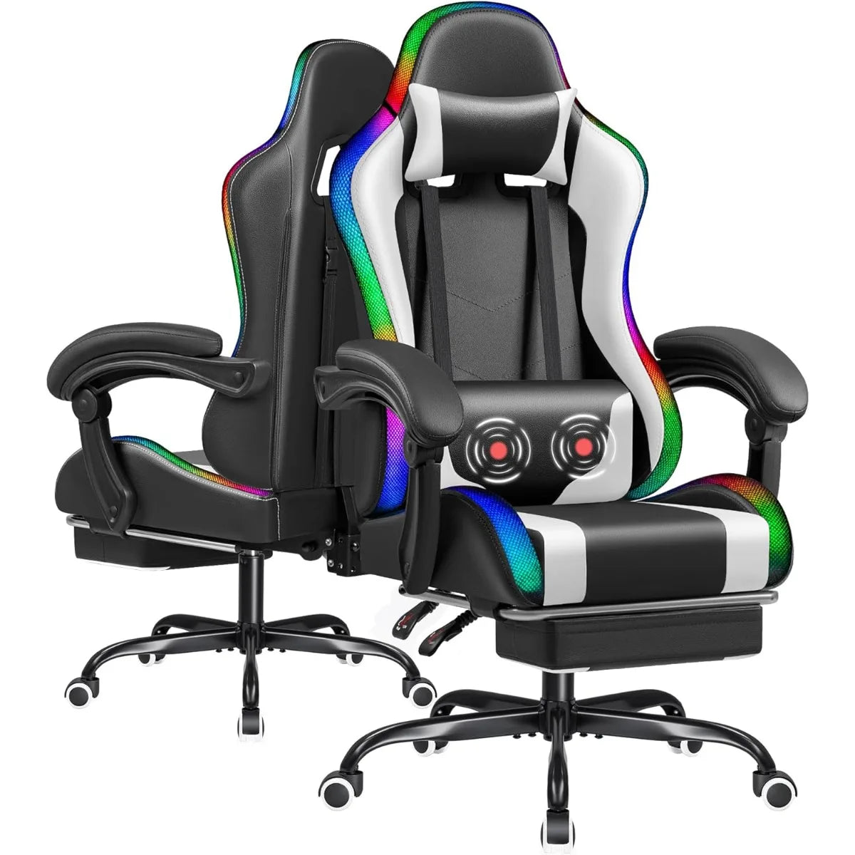 Furmax Gaming Chair with RGB LED Lights, Massage Lumbar Support & Footrest, Reclining High Back Computer Gamer Chair (White)