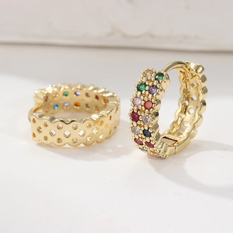Fashion Copper Handcrafted Colored Synthetic Zircon Hoop Earrings for Women Bohemian Style Golden Plated Banquet Wedding Jewelry