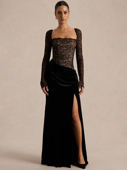 Mozision Lace Velvet Square-Neck Sexy Maxi Dress Women Elegant See Through Long Sleeve Backless Split Club Party Long...