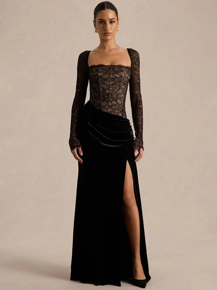 Mozision Lace Velvet Square-Neck Sexy Maxi Dress Women Elegant See Through Long Sleeve Backless Split Club Party Long...