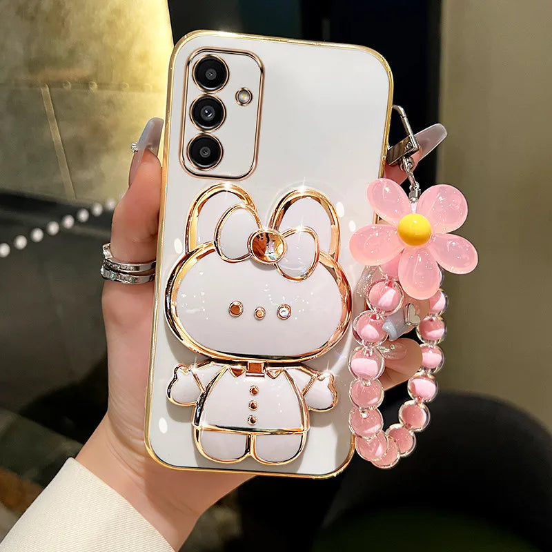 3D Rabbit KickStand Electroplated Soft Wrist Flower Phone Case For Samsung Galaxy S25 Ultra S24 Plus S23 S22 A16 A56 A26 Cover - Kimlud
