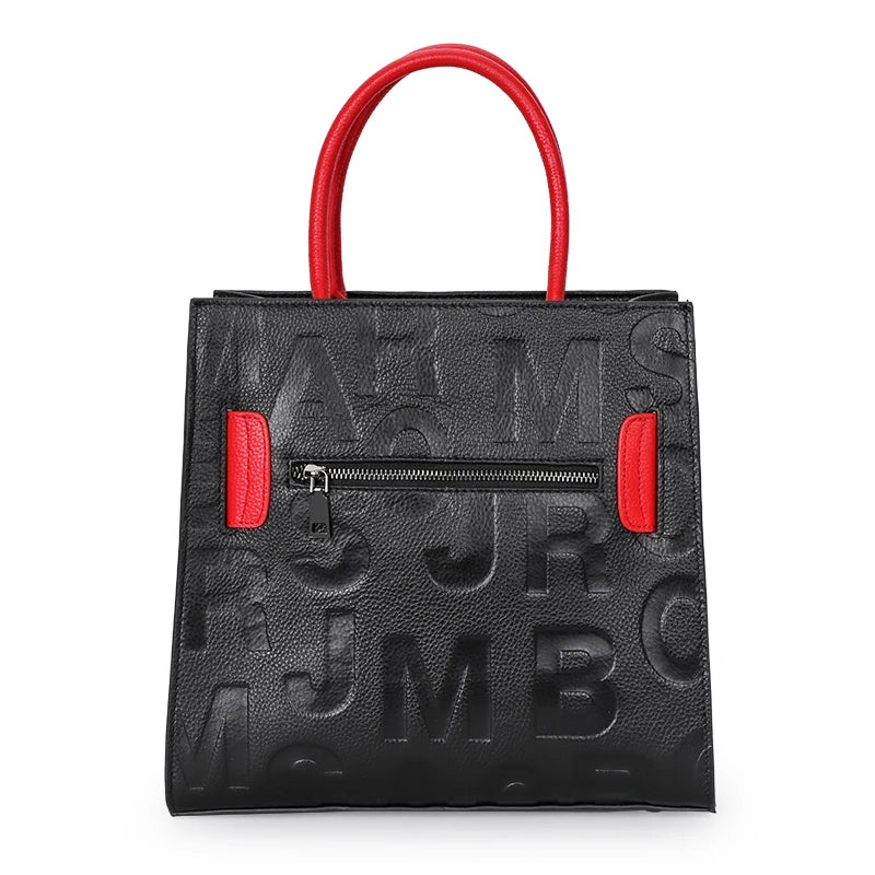 Aidrani  Fashionable women's large capacity handbag with letter print design, made of cowhide material, square, black