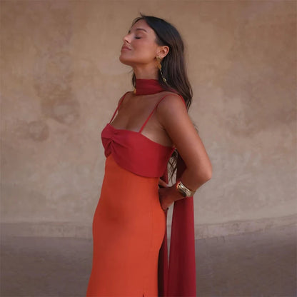 Women Color Blocking Scarf Collar Sling Dress Sexy Waist Cinching Split Bodycon Slim Fit Dresses 2026 Lady Highstreet...
