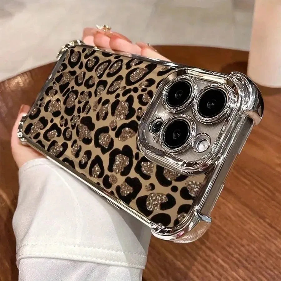 Glitter Leopard Print Plating Phone Case For iPhone 17 16e 16 15 14 13 12 11 Pro Max X XSMax 7 8 Mini Air Plus Anti-Fall...