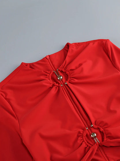 Sexy Long Sleeve O Neck Metal Buckle Ruched Mini Dress Women Red Cut Out Folds Bodycon Dresses Elegant Evening Party...