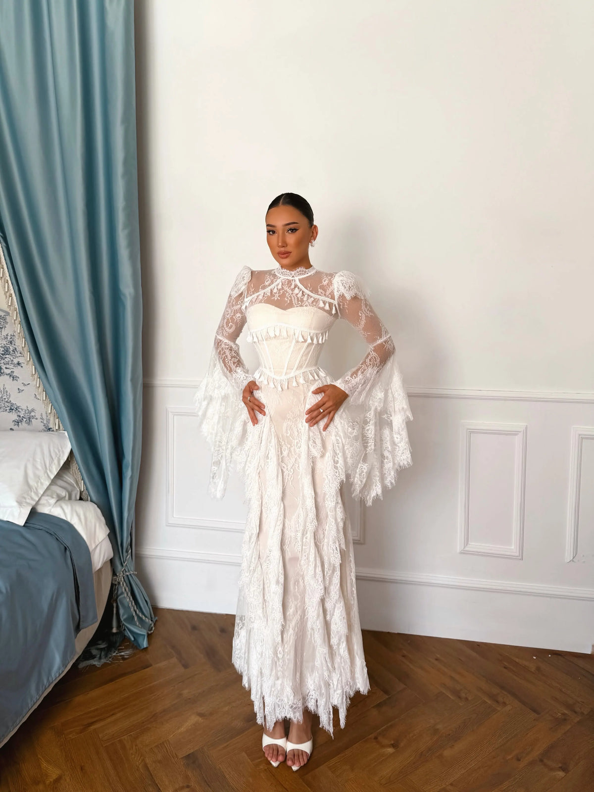 Ofherown White Lace Long Sleeve Maxi Dress Women High Neck Ruffle Prom Dress Elegant Formal Evening Gown 2026