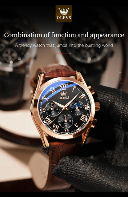 OLEVS 2871 Men Watch Original Brand Quartz Watch Multifunctional Chronograph Watch For Man Waterproof Luminous Moon Phase Watch - Kimlud