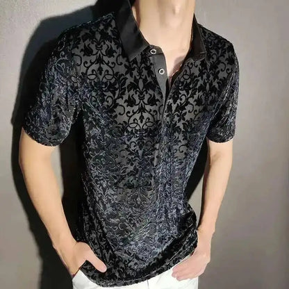 Black Gold Abstract Pattern Lace Sexy Polo See Quality Men Through Social Club Luxe Transparent Shirt Summer Short Sleeve Polo - Kimlud