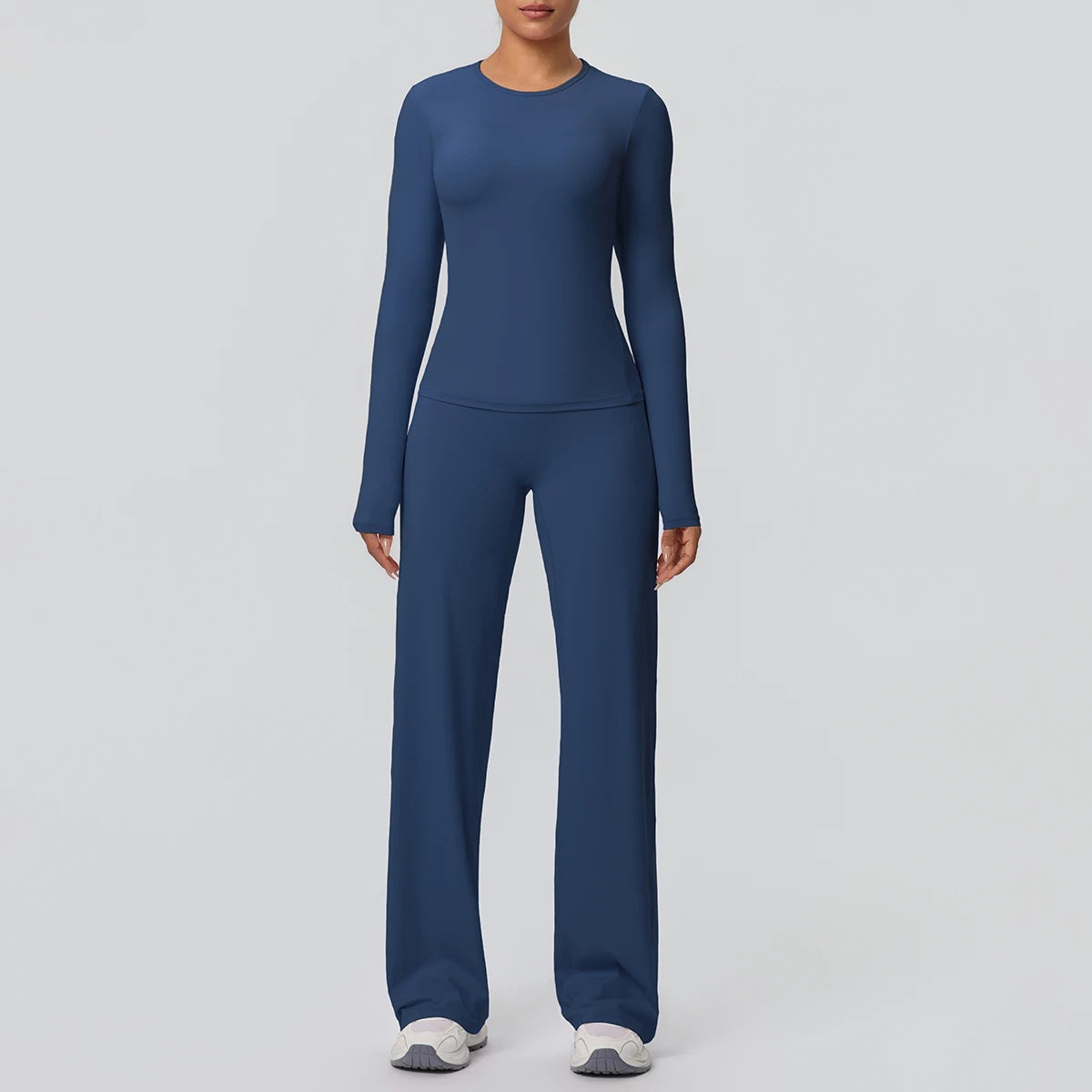 2pieces Women Gym Yoga Set Running Shirts Slim Long Sleeves Workout Top Quick Drying High Stretch Wide Leg Pants Thin Yoga Set