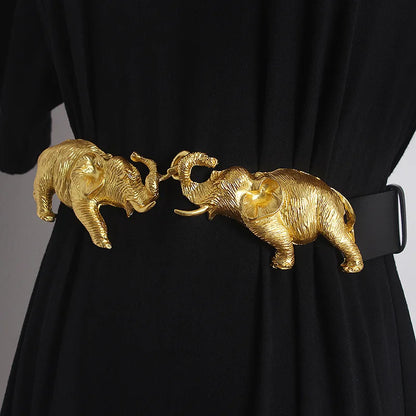 Fashion Real Leather Belts for Women Luxury Designer Female Waist Elastic Corset Belt Gold Heavy Elephant Metal Buckle