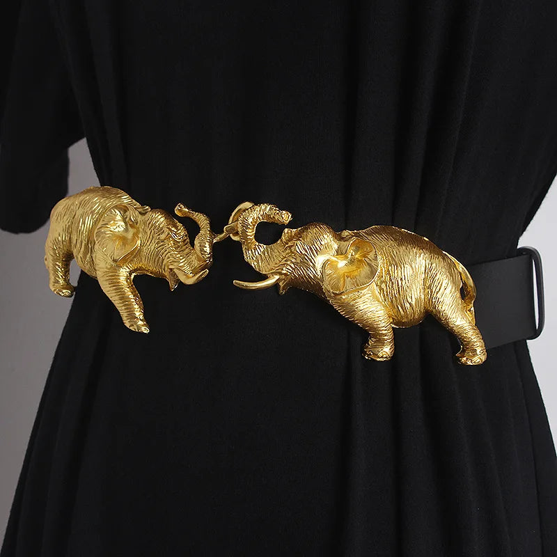 Fashion Real Leather Belts for Women Luxury Designer Female Waist Elastic Corset Belt Gold Heavy Elephant Metal Buckle