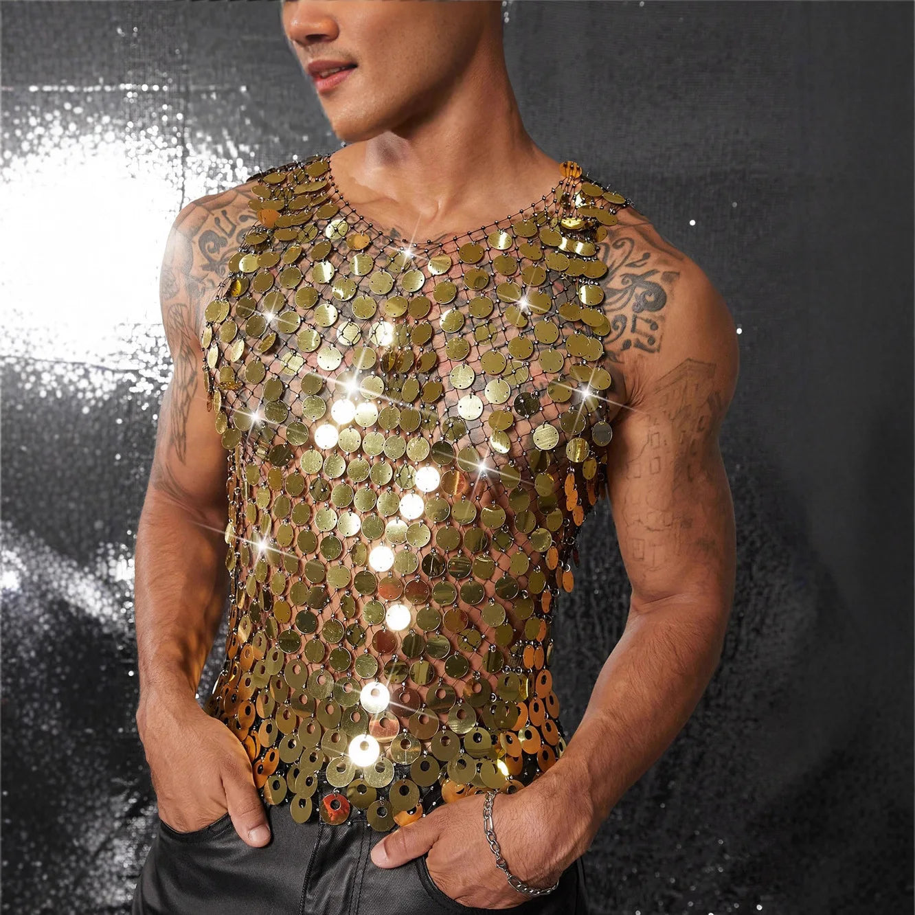 Sparkling Diamond Cut-Out See-Through Vest For Men - New Summer Style Sexy Nightclub Party Fishnet Beaded Outerwear Top - Kimlud