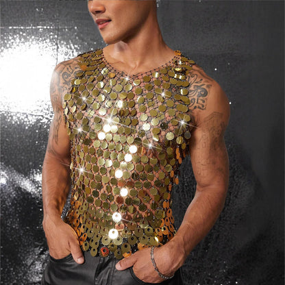 Sparkling Diamond Cut-Out See-Through Vest For Men - New Summer Style Sexy Nightclub Party Fishnet Beaded Outerwear Top - Kimlud