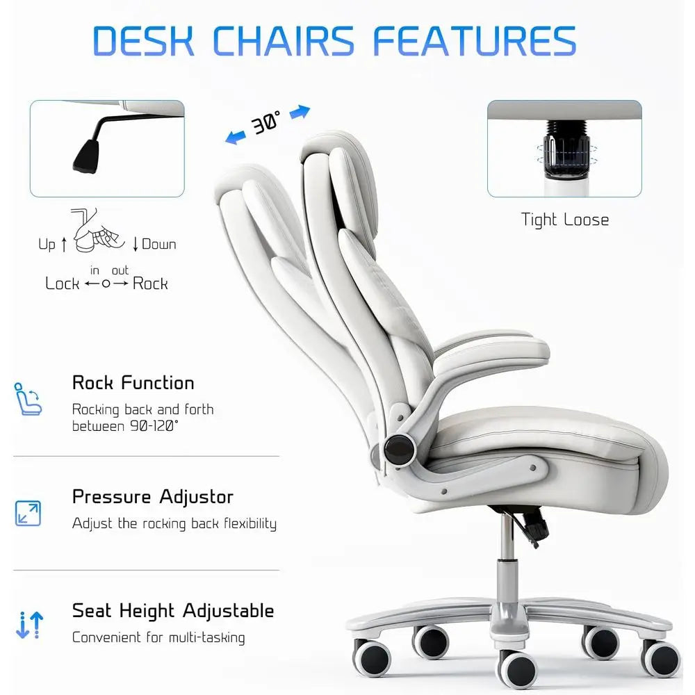 Ergonomic Leather Executive Chair with Wide Seat for 400lb Capacity, High Back and Flip-Up Arms, White | Kimlud Luxury Home