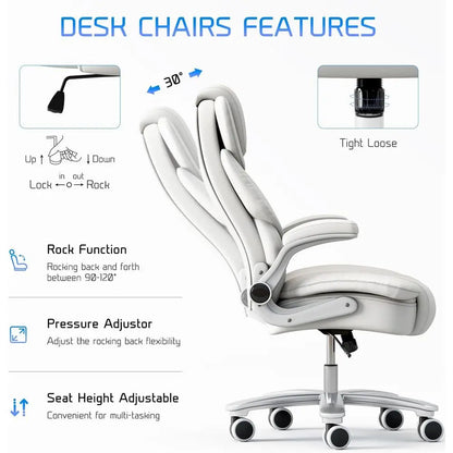 Ergonomic Leather Executive Chair with Wide Seat for 400lb Capacity, High Back and Flip-Up Arms, White | Kimlud Luxury Home
