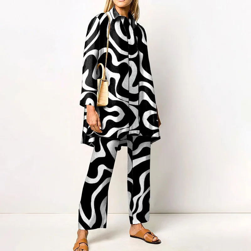 Autumn New Loose Vintage Printed Pant Sets Women Long Sleeve Shirts And Wide Legs Trousers Two Piece Set 2024 Fashion Streetwear