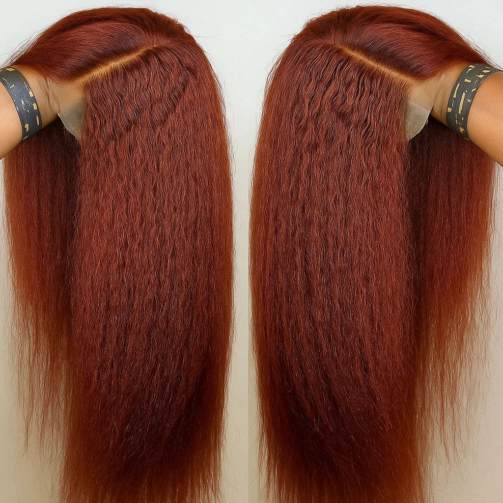 13X4 Reddish Brown Kinky Straight Lace Frontal Wig Human Hair Auburn Copper Yaki Straight 4x4 Transparent Lace Closure...