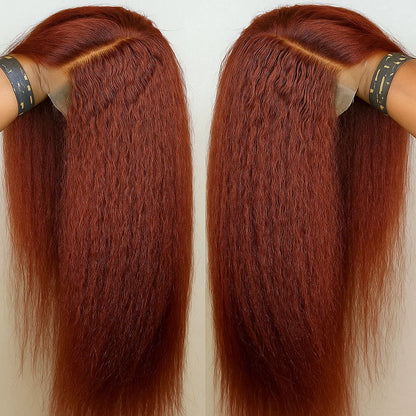 13X4 Reddish Brown Kinky Straight Lace Frontal Wig Human Hair Auburn Copper Yaki Straight 4x4 Transparent Lace Closure...
