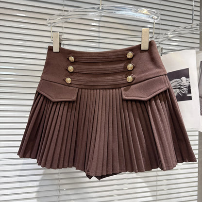 DEAT Trendy 2026 Autumn New Elegant Double Breasted Faux Woolen High-Waisted Pleated Skirt For Women A-line Skirts 11C320