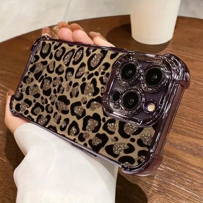 Glitter Leopard Print Plating Phone Case For iPhone 17 16e 16 15 14 13 12 11 Pro Max X XSMax 7 8 Mini Air Plus Anti-Fall...