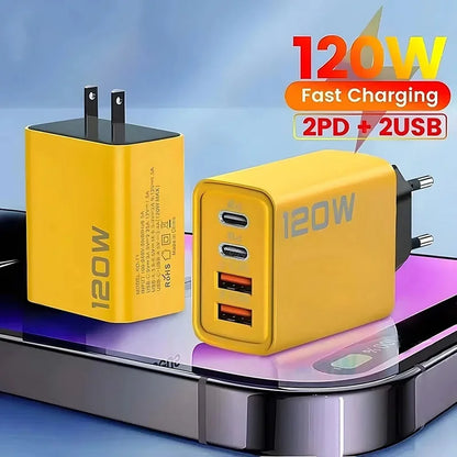 120W 4 Port Type C Fast Charging USB Phone Charger Adapter US EU Plug Charger For iPhone Xiaomi Huawei Quick Charge Wall Charger