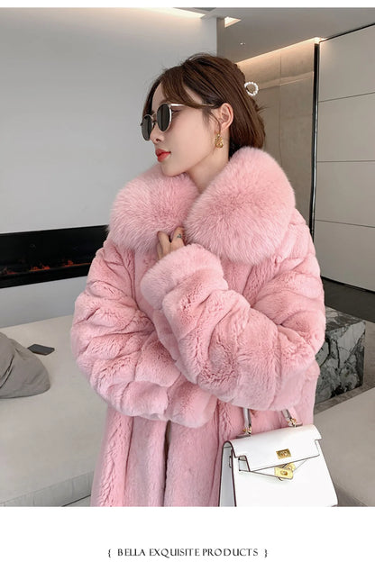 Women X-long Whole Skin Rex Rabbit Fur Coat Luxury High-end Natural Fur Jacket Oversized Genuine Fox Fur Collar