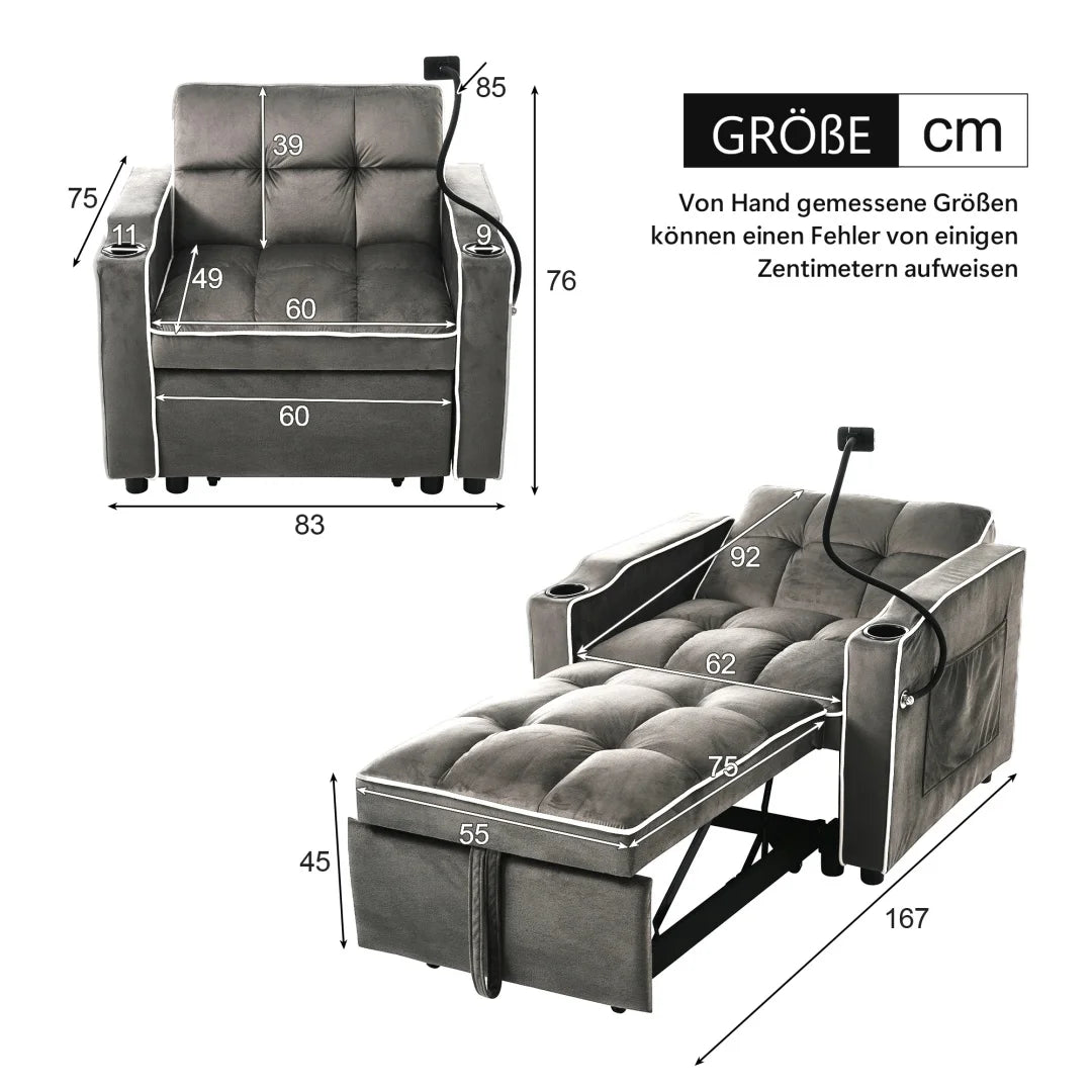 3-in-1 single-bed sofa - with beverage rack and phone holder, sofa recliner, recliner, armchair, 83*167*76 cm - Kimlud