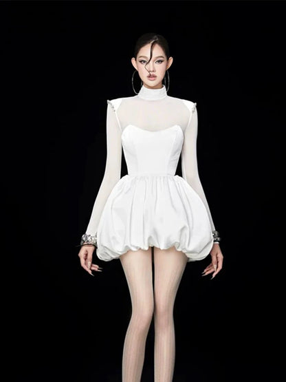 Pure Desire Sexy See-through Dress Women's Autumn New High-grade Waist-cinching Slimming Flower Bud Short Skirt Dress - Kimlud