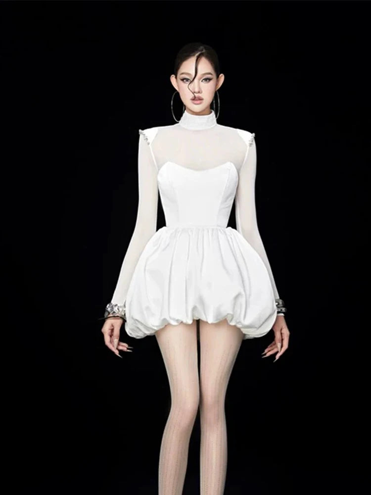 Pure Desire Sexy See-through Dress Women's Autumn New High-grade Waist-cinching Slimming Flower Bud Short Skirt Dress - Kimlud