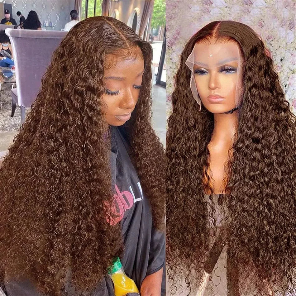 Chocolate Brown Deep Wave Lace Front Human Hair Wigs Transparent 13x4/13x6 Deep Curly Pre Plucked Human Hair Lace Frontal Wigs