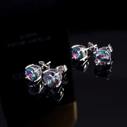 Rainbow Crystal Multicolor Zircon Earring 5/6/7/8mm Round Stone Stud Earrings For Women Trendy Silver Color Wedding...