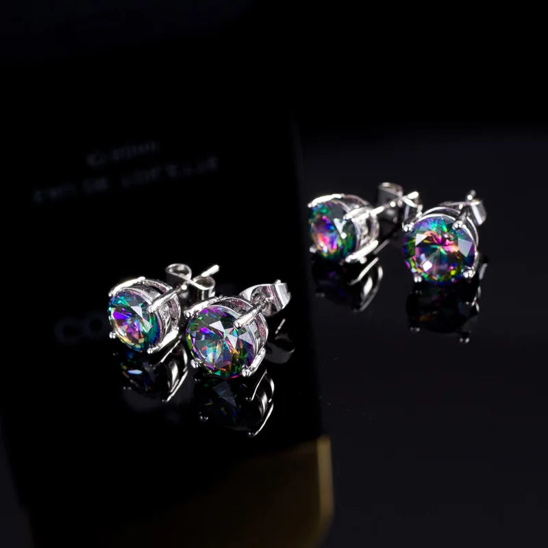 Rainbow Crystal Multicolor Zircon Earring 5/6/7/8mm Round Stone Stud Earrings For Women Trendy Silver Color Wedding...