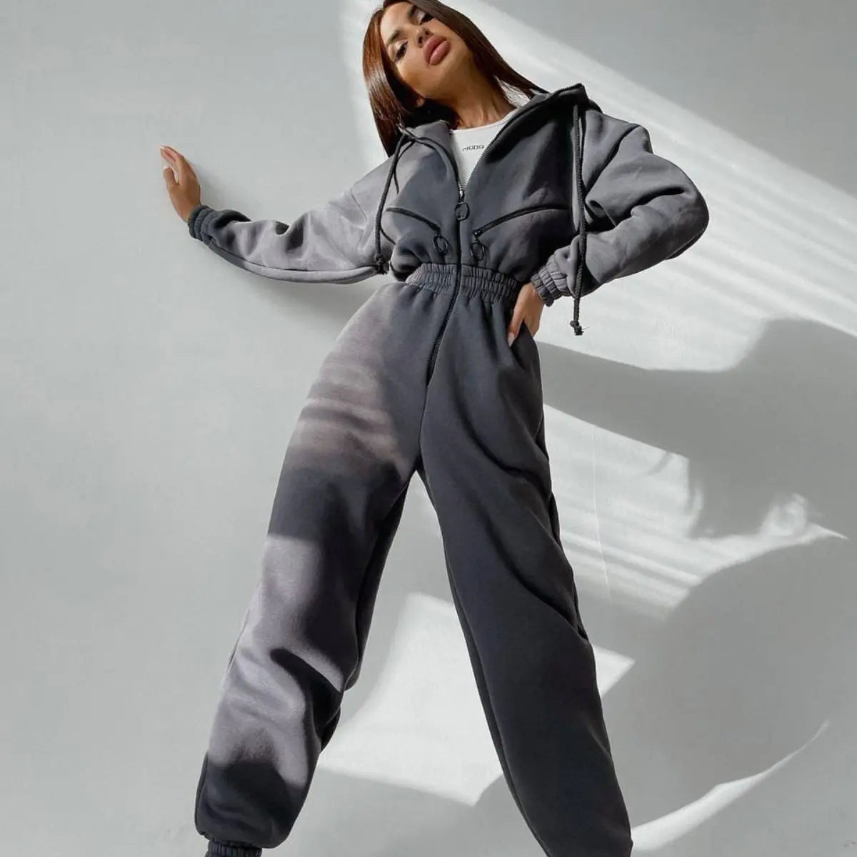 Long Sleeve Sports Casual Women's Hooded Overall Pants Jumpsuits Solid Color Jumpsuit Women One-Piece Suit - Kimlud