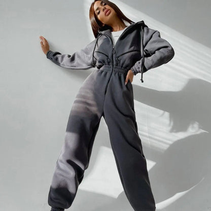 Long Sleeve Sports Casual Women's Hooded Overall Pants Jumpsuits Solid Color Jumpsuit Women One-Piece Suit - Kimlud