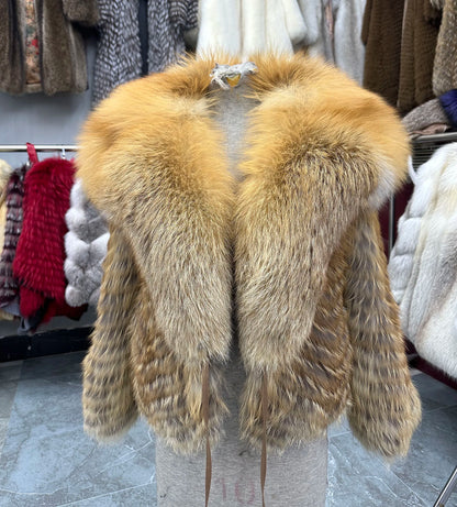 Lady's Natural Stripes Fox Fur Coat with Big Collar Spring Autumn Luxury Fashion Jacket