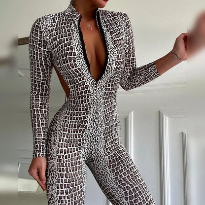 Oshoplive 2026 New Women Fashion Sexy Snakeskin Printed Backless Zipper Jumpsuits Long Sleeves Gym Activewear Bodysuits
